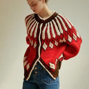 GREENBUTTER Terry Ethnic Alpaca Wool Cardigan (Red)